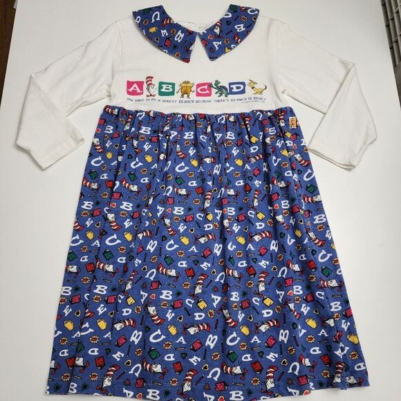 Girls Dr. Seuss Cat in the Hat Vintage 1994 Alphabet ABC Collared Dress Size 6-7 - Picture 1 of 11